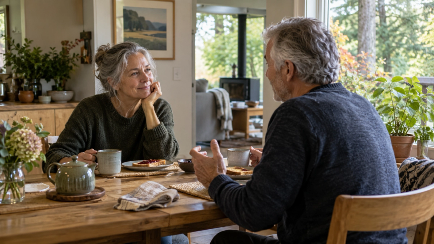 Two older adults share breakfast at a wooden table beside a garden window.