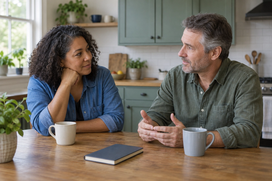 A middle-aged couple talk attentively across a wooden kitchen table with two mugs and a closed notebook.