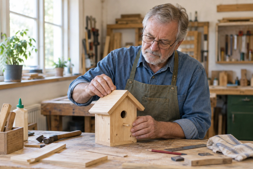 An older man in a blue shirt quietly works on a small wooden birdhouse at a bright workshop table.