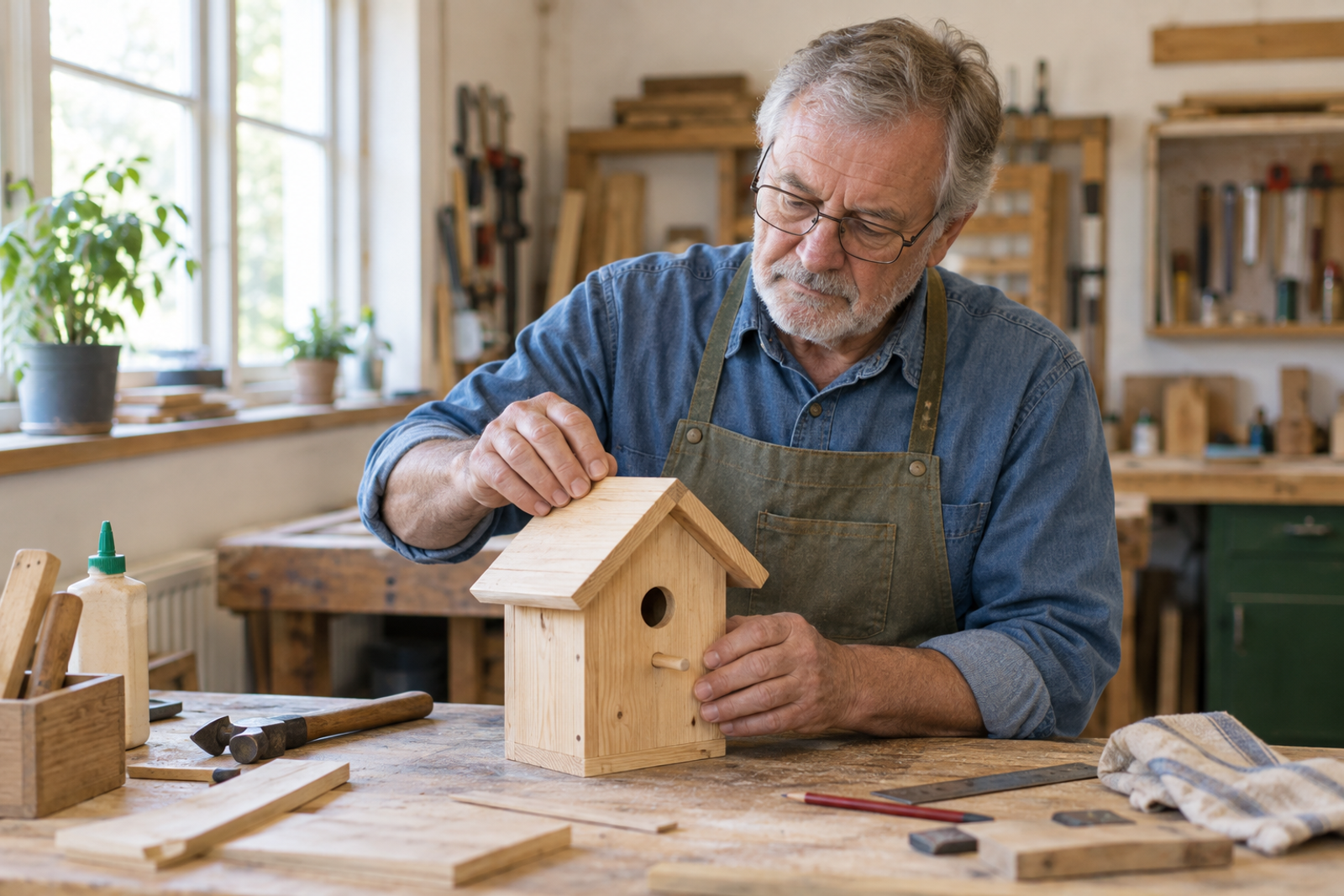 An older man in a blue shirt quietly works on a small wooden birdhouse at a bright workshop table.