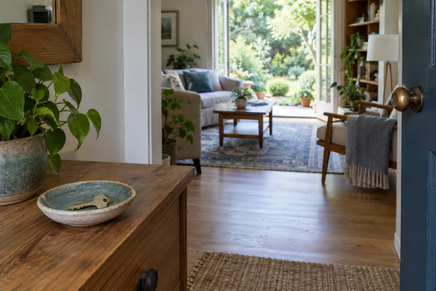A house key rests in a ceramic dish by an open doorway, with a comfortable sitting room and green garden beyond.