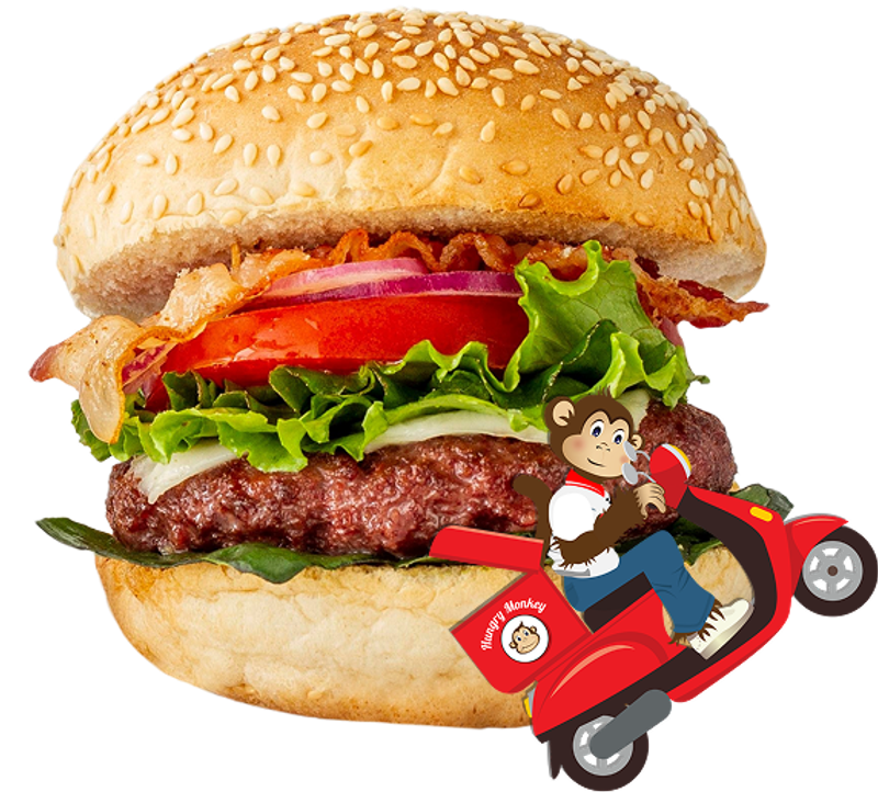 Loaded burger beside the Hungry Monkey mascot on a delivery scooter