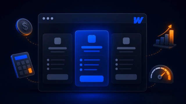 Illustration of Webflow's 2026 pricing page with three plan cards, a calculator, and a bandwidth gauge