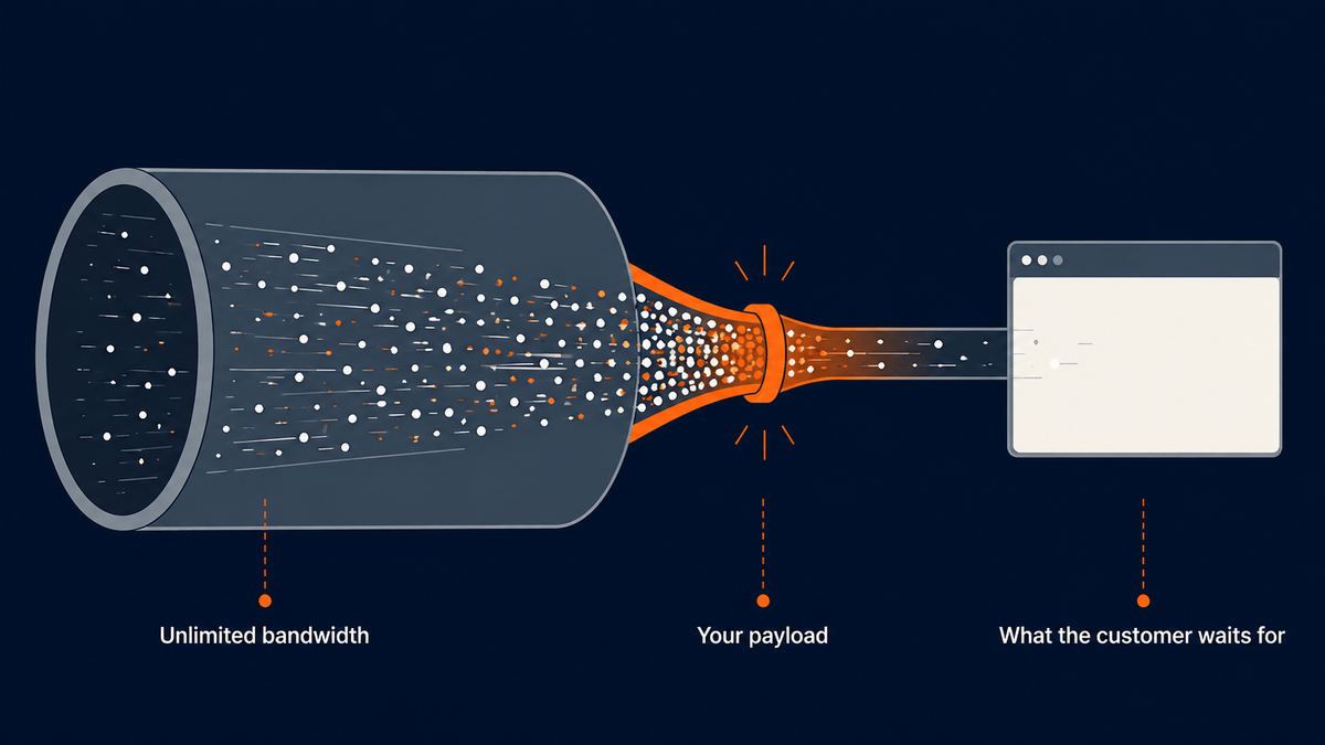 Shopify’s Unlimited Bandwidth Doesn’t Mean Unlimited Speed — a wide-open bandwidth pipe funneling down to a narrow payload bottleneck before reaching the customer’s browser