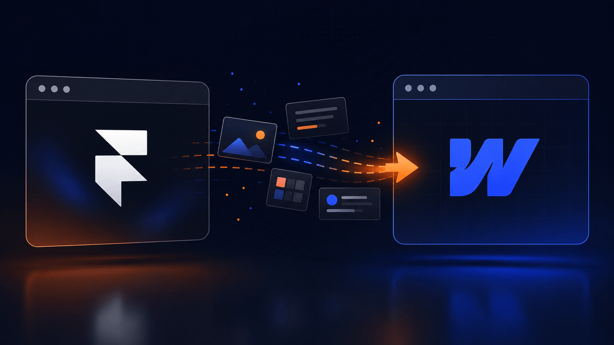 Framer browser window with content elements flowing through an orange arrow into a Webflow browser window, illustrating a site migration