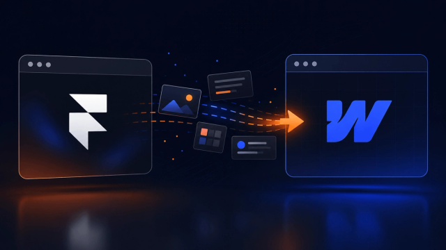 Framer browser window with content elements flowing through an orange arrow into a Webflow browser window, illustrating a site migration
