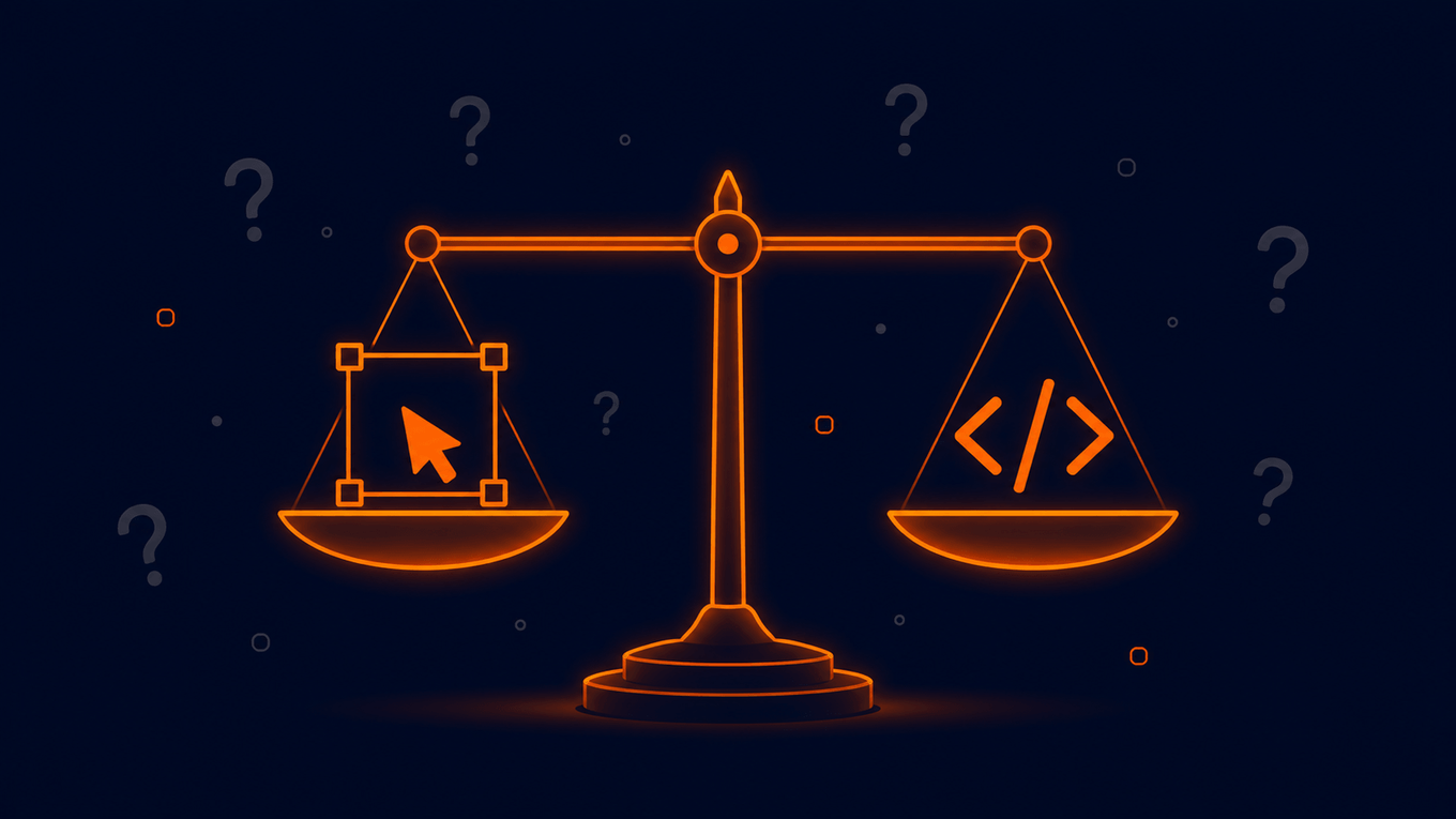 A balanced scale with a design cursor icon on one pan and code brackets on the other, perfectly level