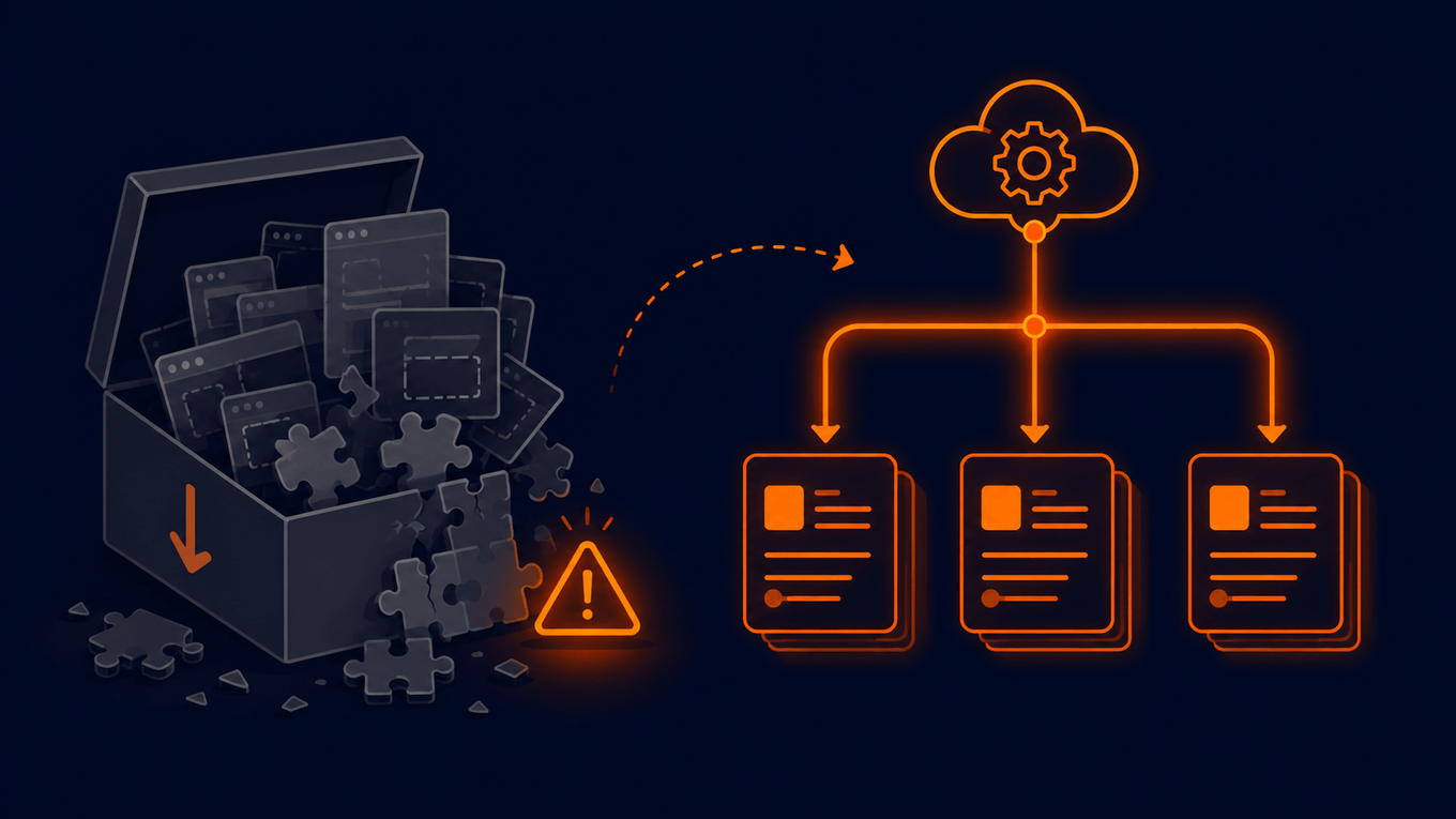 A cracked box of broken, jumbled page templates beside a clean structured pipeline of content cards pulled from an API