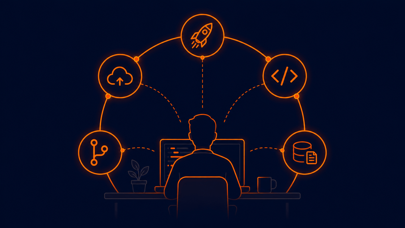 A developer at a desk surrounded by icons for Git, cloud deploy, code, CMS, and launch, representing the Astro, Sanity, GitHub, and Vercel stack