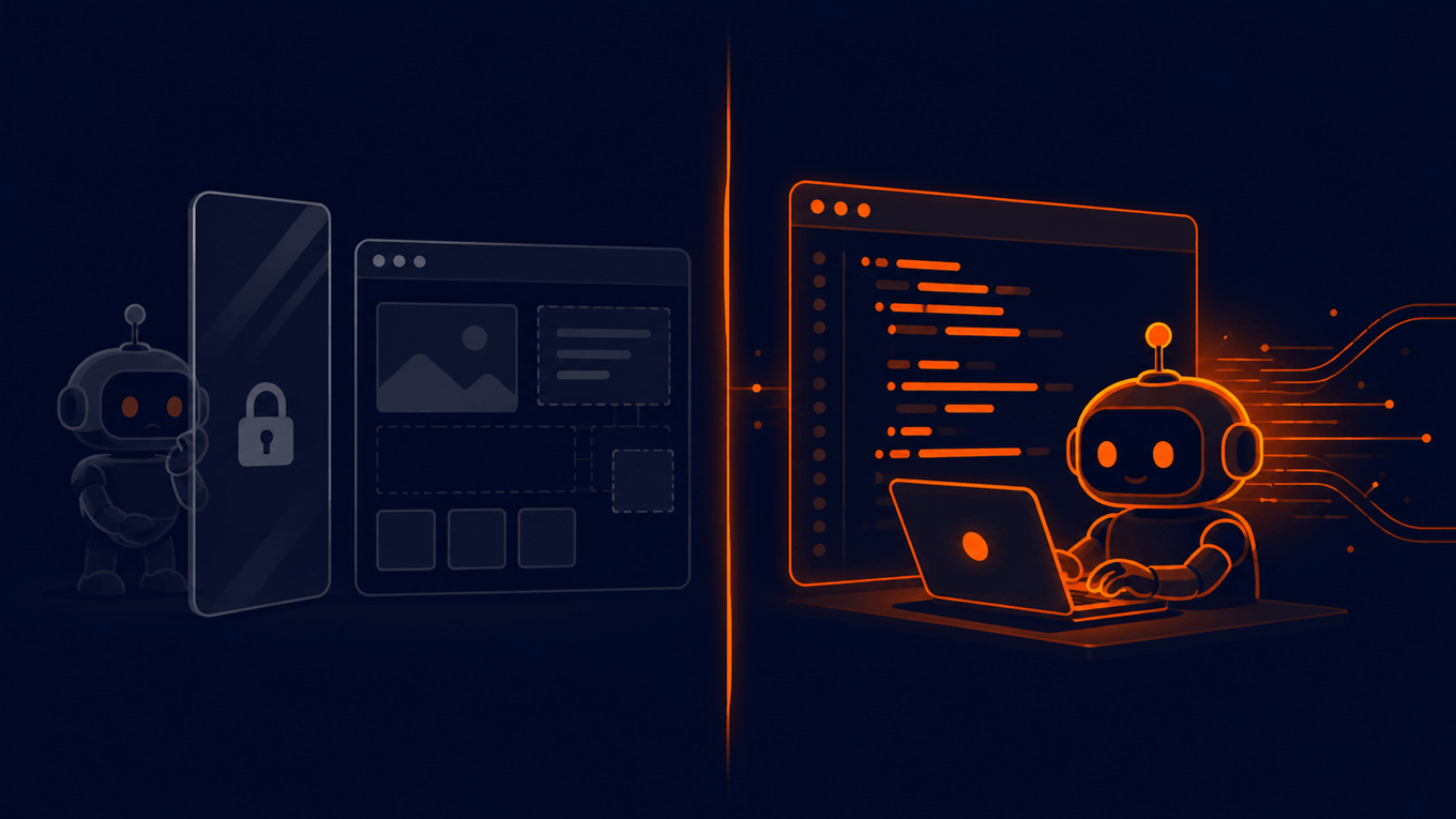 An AI robot coding directly in an editor beside another robot blocked by a glass pane in front of a visual builder canvas