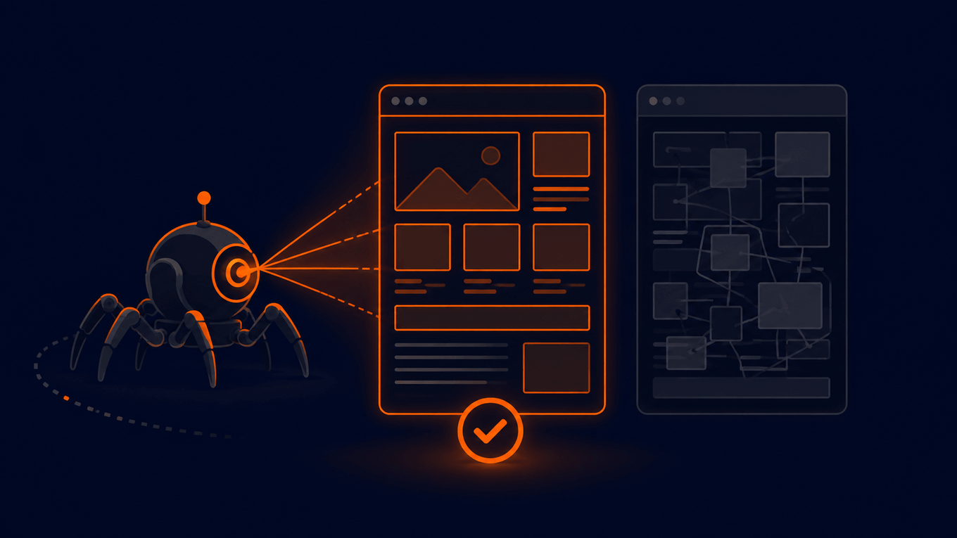 Illustration of AI crawlers parsing a clean semantic page versus a bloated markup page within a token budget