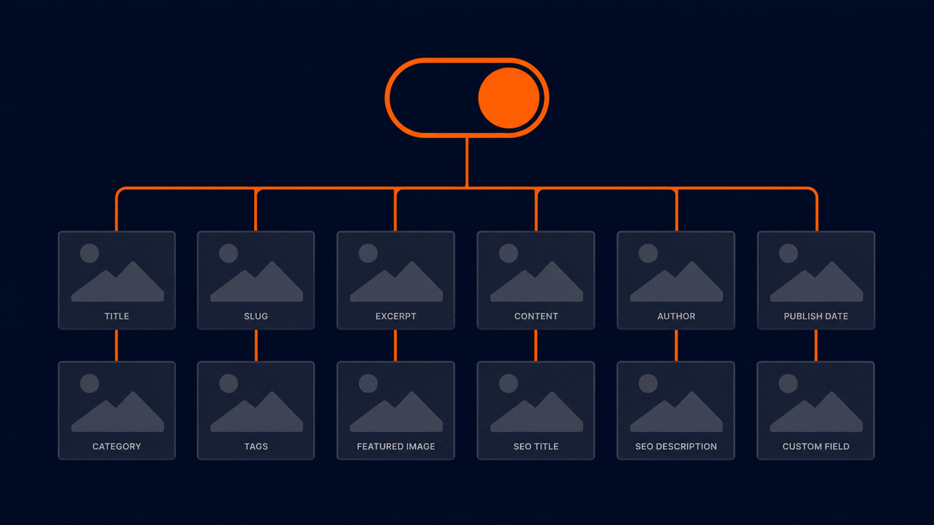 Diagram showing one toggle controlling every CMS field at once: title, slug, excerpt, content, author, publish date, category, tags, featured image, SEO title, SEO description and custom field