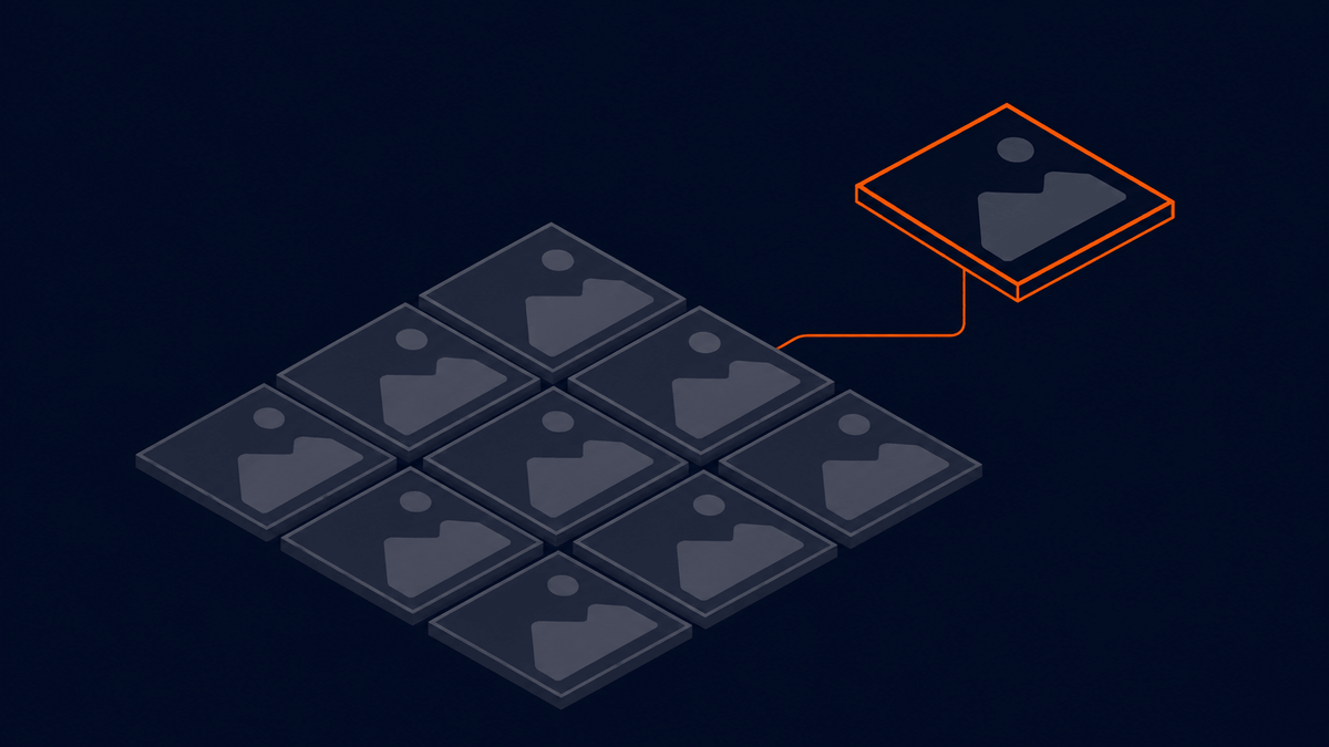 One image singled out in orange from a grid of CMS image tiles, representing the featured image field