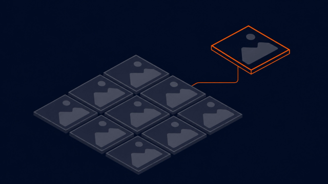 One image singled out in orange from a grid of CMS image tiles, representing the featured image field