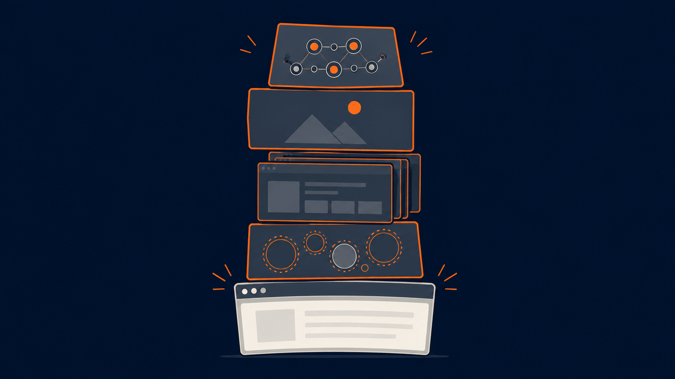 Stack diagram of the four things that slow down a Shopify store: app scripts, unoptimized images, theme bloat, and font loading, feeding into a slow-loading page