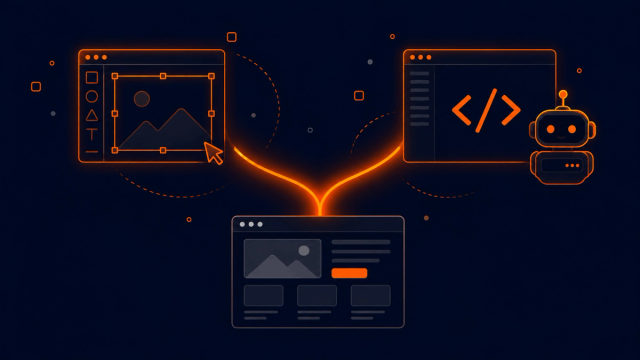 Two paths diverging from a website icon: one to a visual design canvas, the other to code with an AI agent