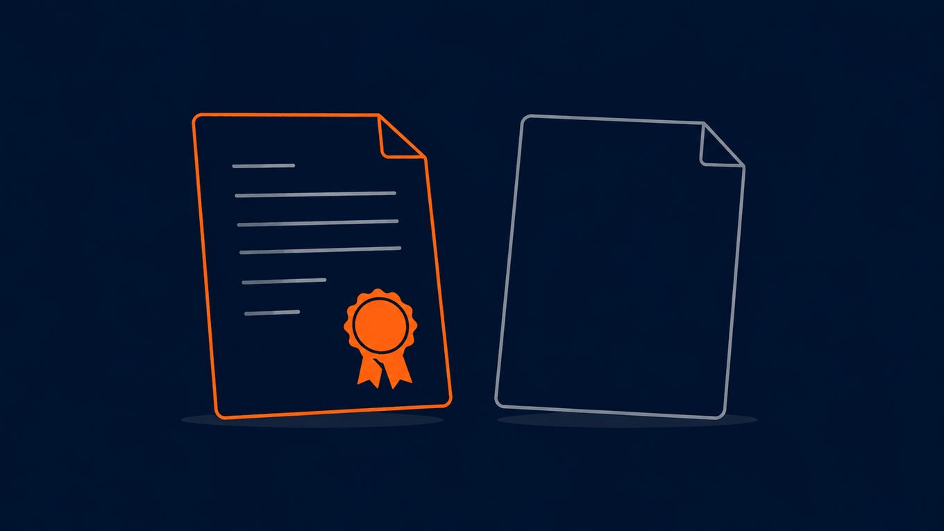 Two certificates side by side: one stamped and sealed labeled as a guarantee, the other blank, illustrating that a bandwidth guarantee is not a performance guarantee