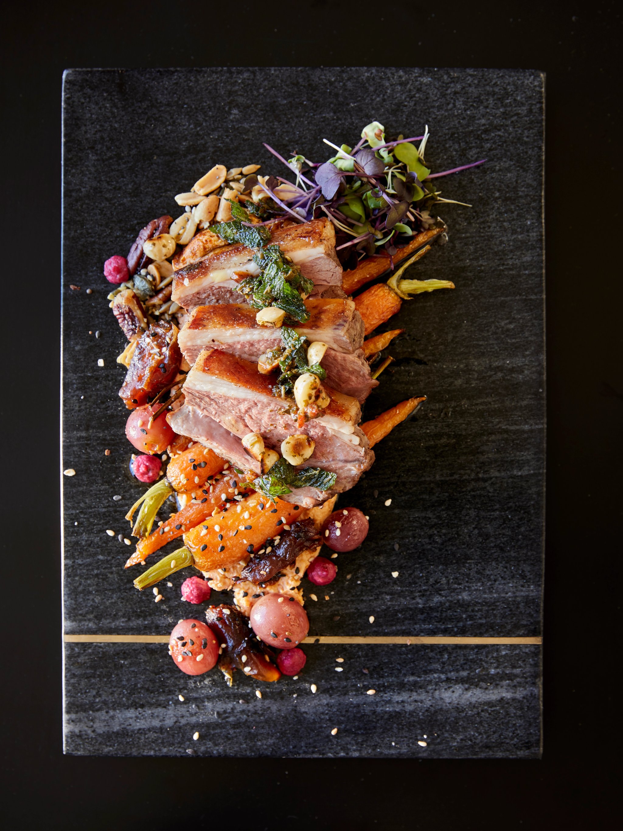 SousVide Lamb Rump With Harissa Baba Ganoush, Cumin Carrots And Minted