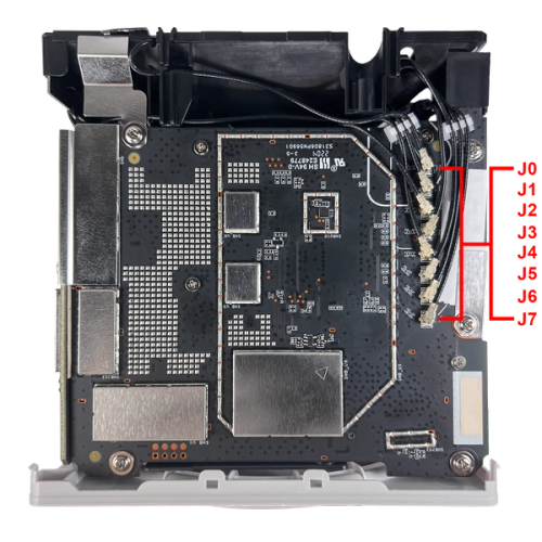 Side of inner enclosure with antenna ports labeled J0 through J7.