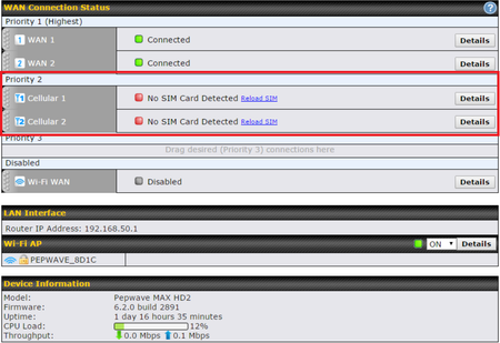 Navigating to cellular settings on the Peplink web portal