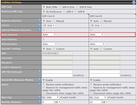 Activating manual band selection on the Peplink web portal