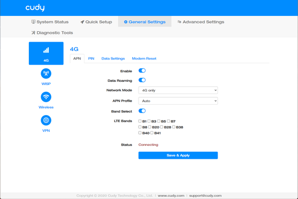 Cudy 4G LT15 and LT18 Band Selection Screen