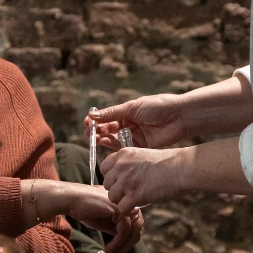 Destillat Probe auf Hand bei Tasting
