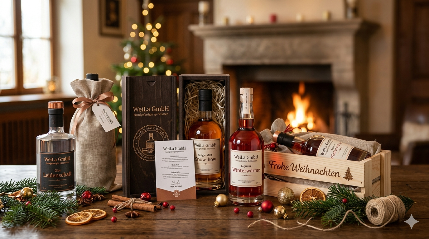 Weihnachtsgeschenk Kunden & Mitarbeiter: Spirituose mit Etikett