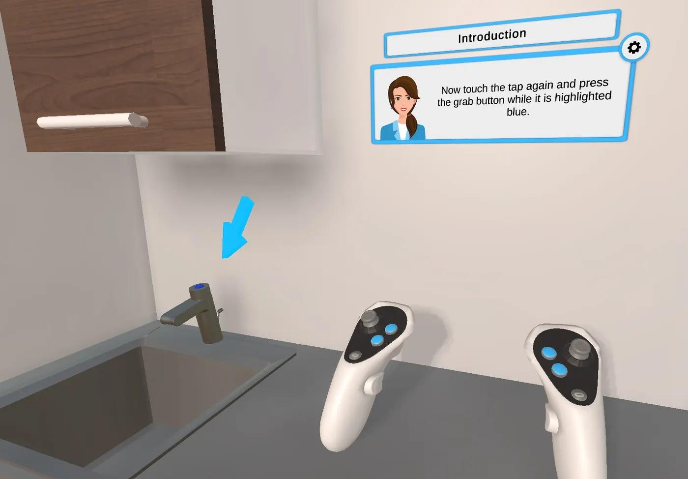 VR-controllers voor een wastafel met een coachpaneel: raak de kraan opnieuw aan en druk op de grijpknop