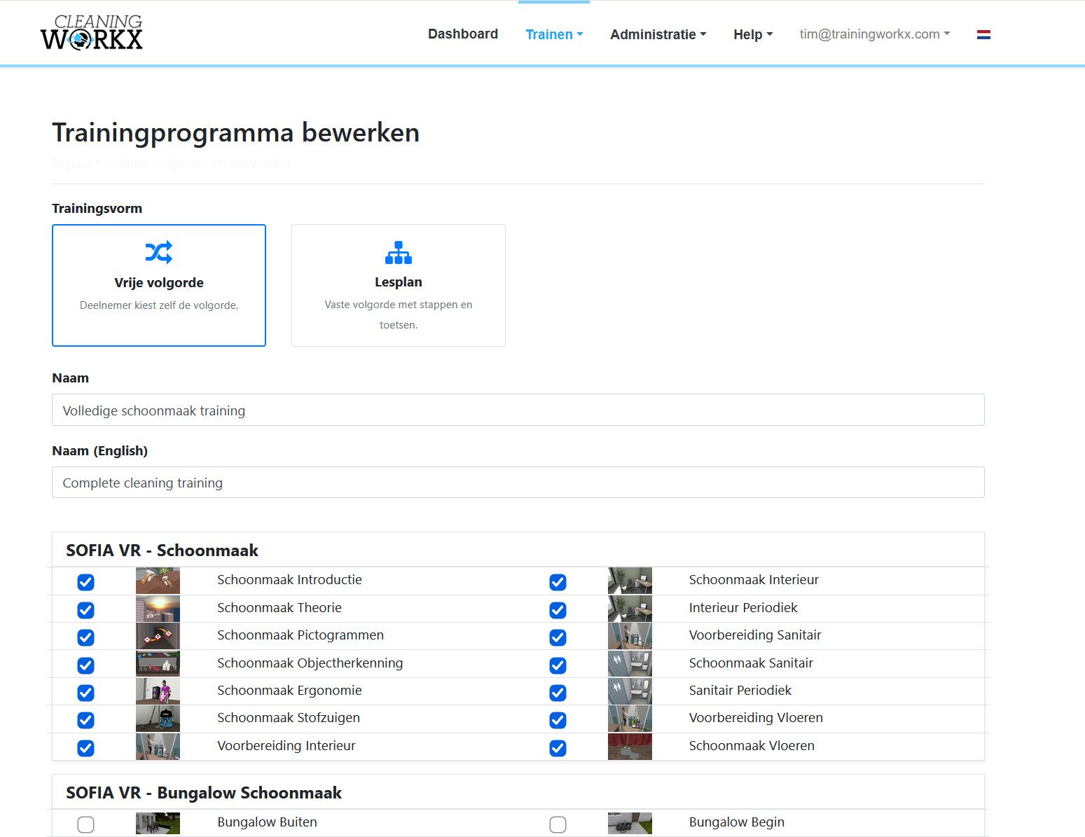 Trainingsprogramm mit freier Reihenfolge im Cleaning Workx-Portal