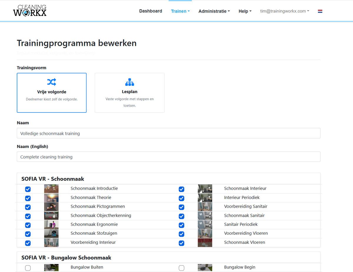 Trainingsprogramm mit freier Reihenfolge im Cleaning Workx-Portal