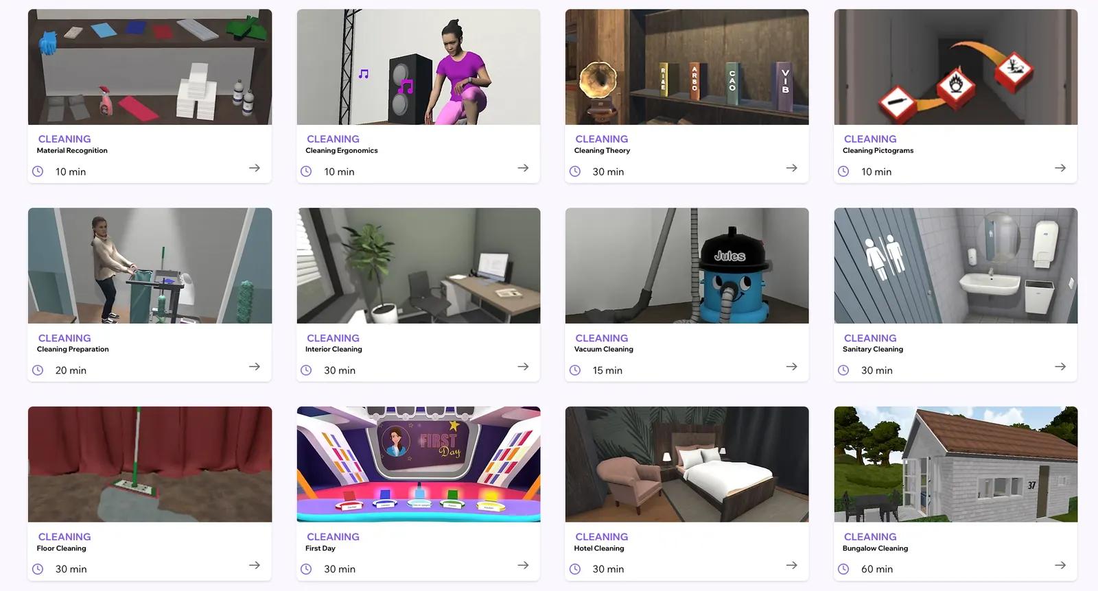 Overzicht van twaalf standaard VR-trainingsmodules van FacilityApps als tegels (Engelstalig); de namen staan in het Nederlands naast de afbeelding