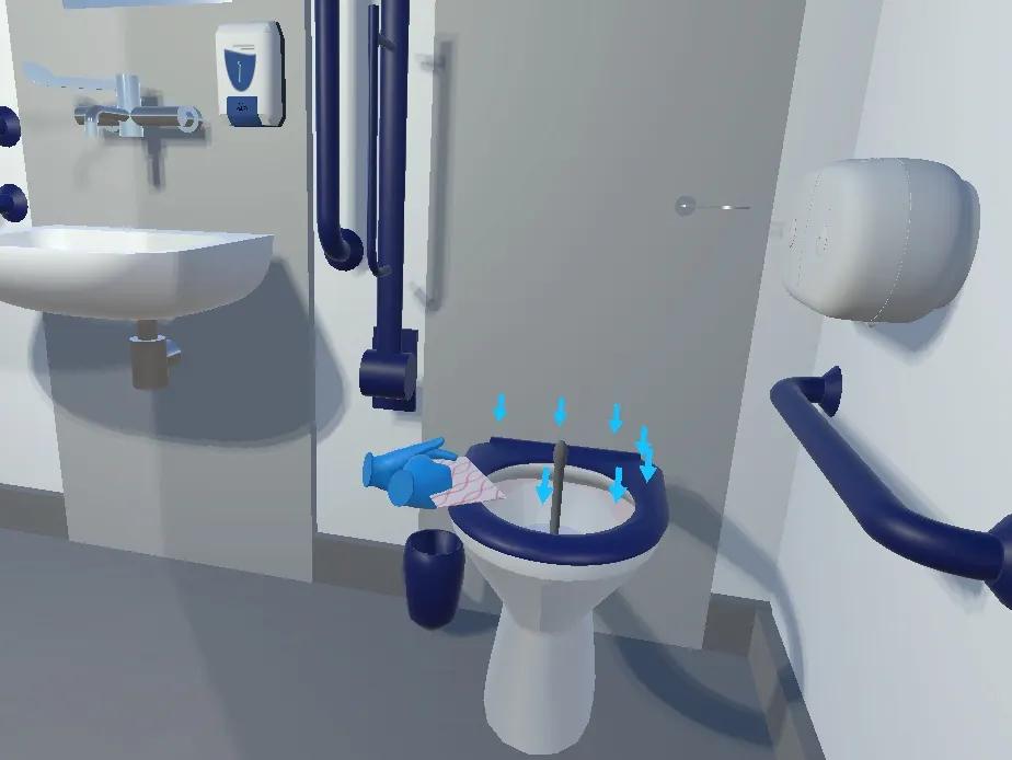 Aangepast ziekenhuistoilet in VR met pijlen bij de te reinigen delen