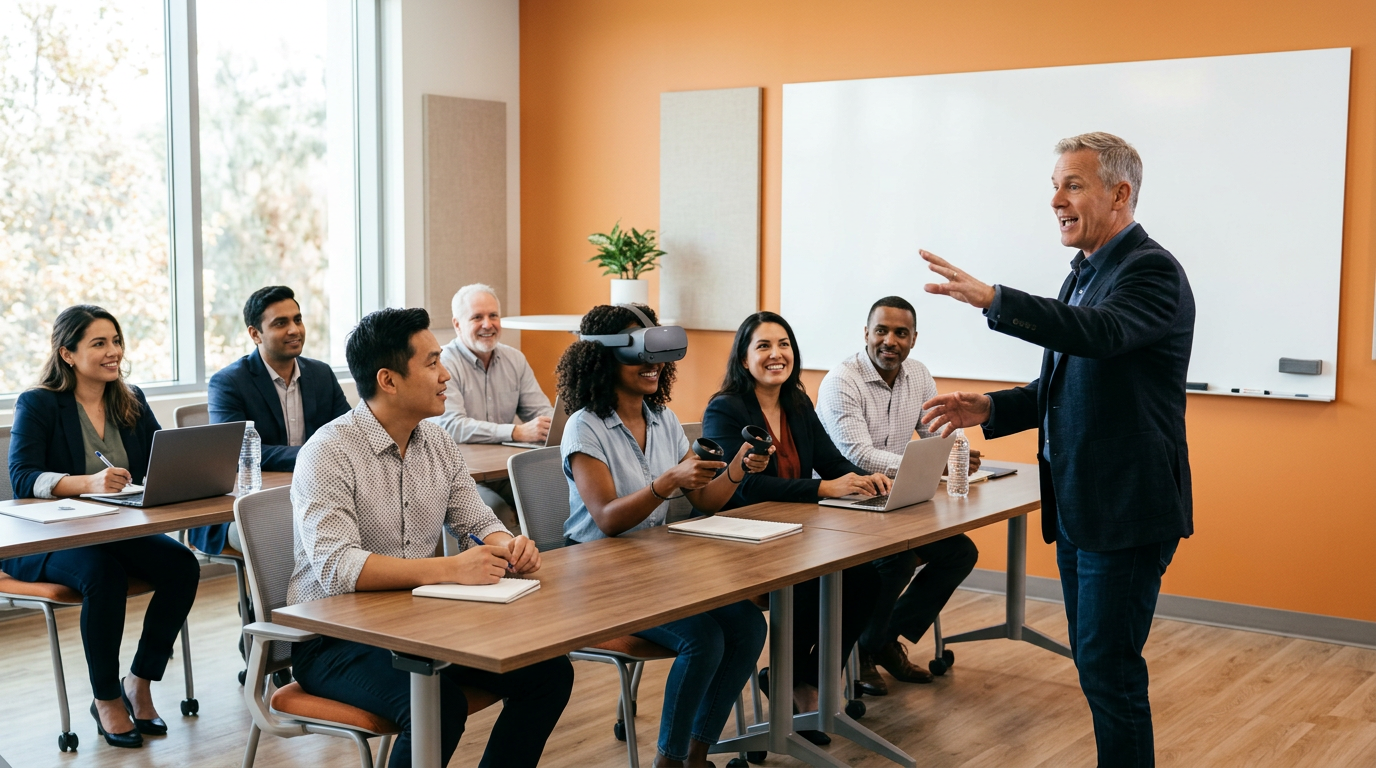Trainer guiding learners with VR cleaning education