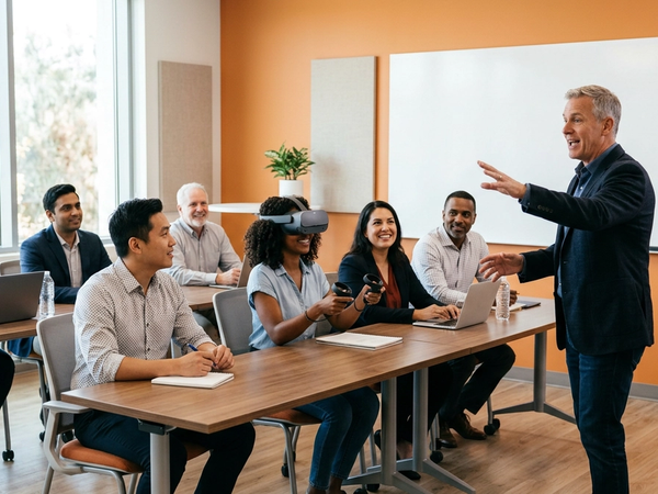 Trainer guiding learners with VR cleaning education