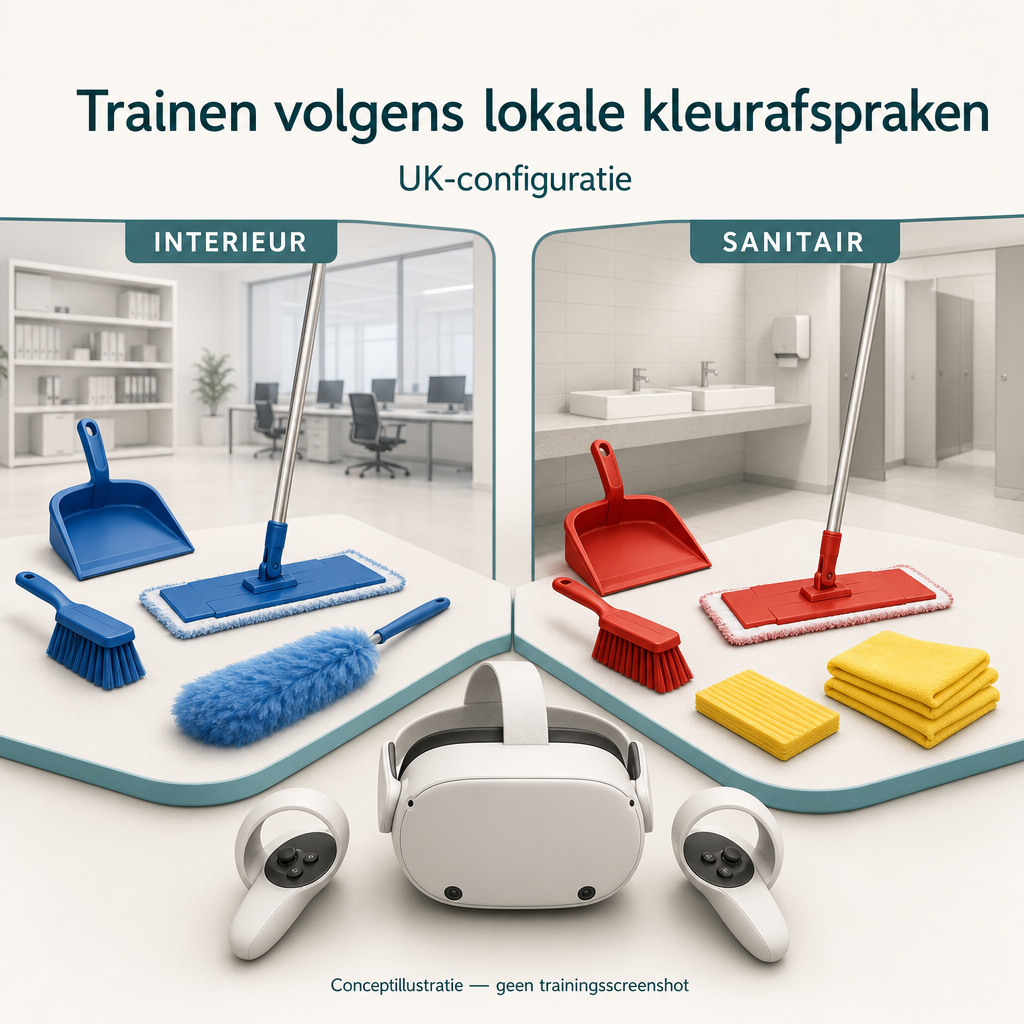 Illustration conceptuelle de la configuration UK : matériel bleu pour l'intérieur et matériel rouge et jaune pour les sanitaires