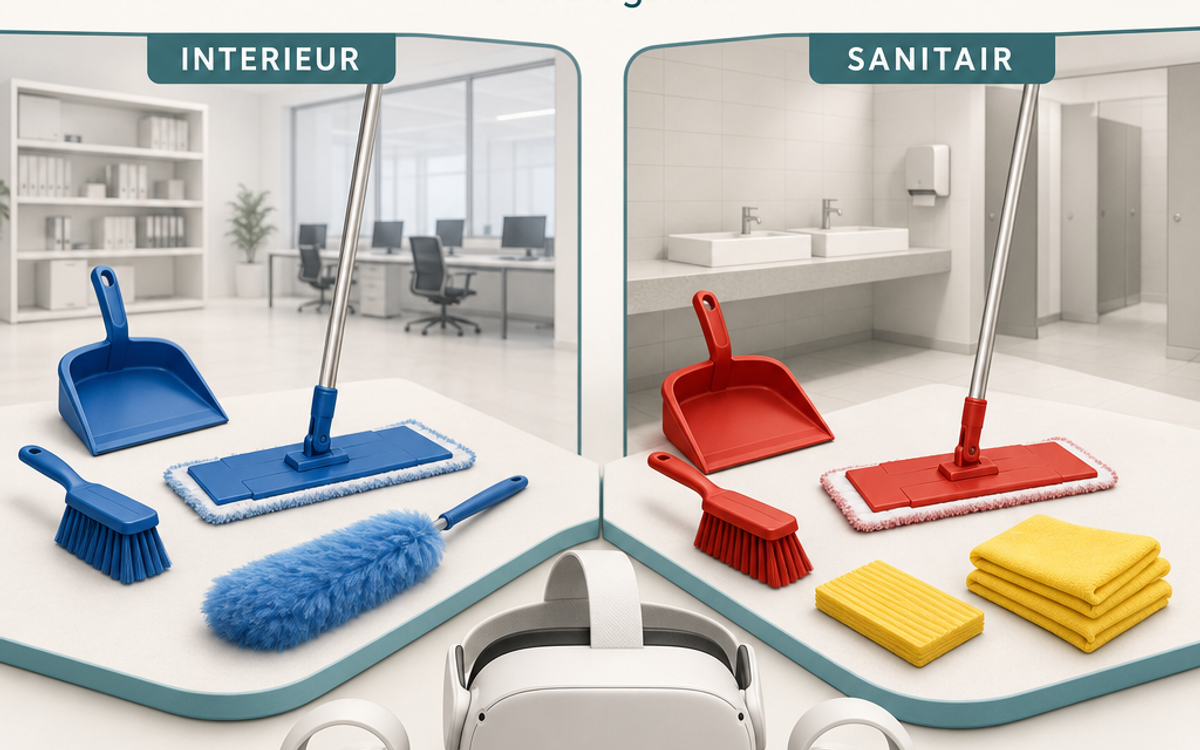 Illustration conceptuelle de la configuration UK : matériel bleu pour l'intérieur et matériel rouge et jaune pour les sanitaires