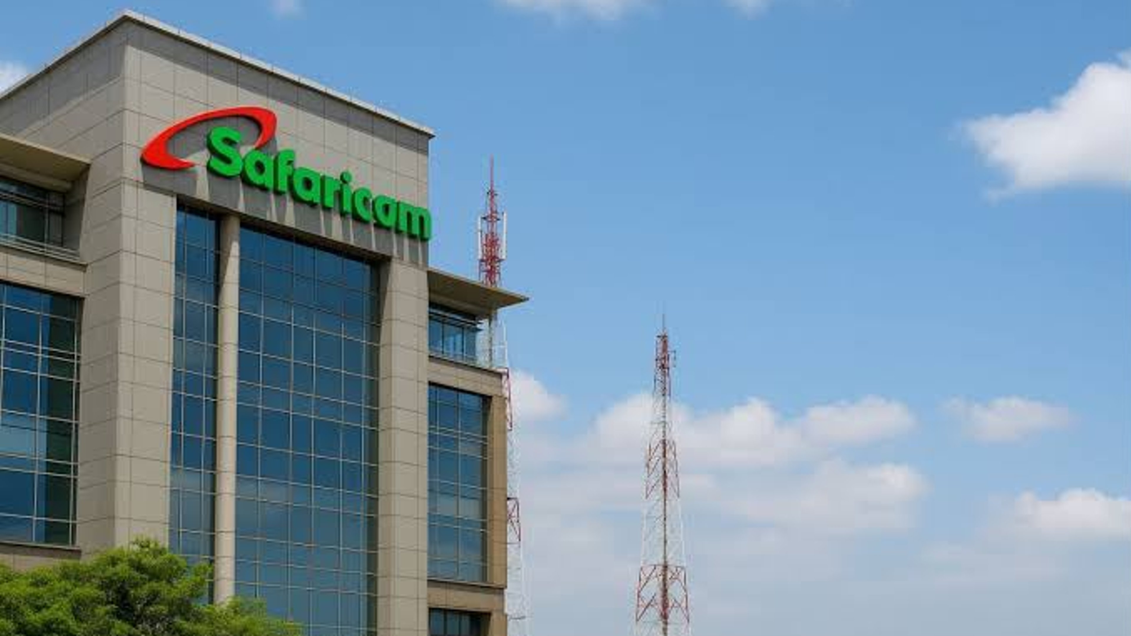 Safaricom headquarters in Nairobi, seen from below against a clear sky
