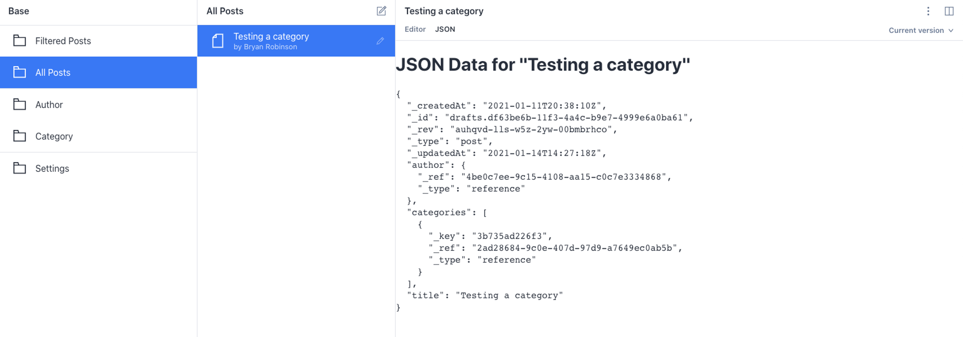 UI displaying JSON data for a post titled "Testing a category".