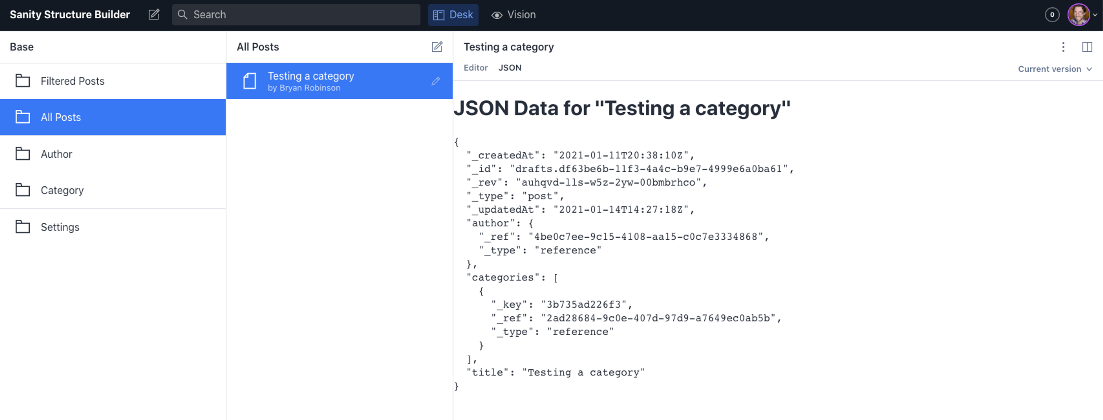 JSON displaying for the current document.