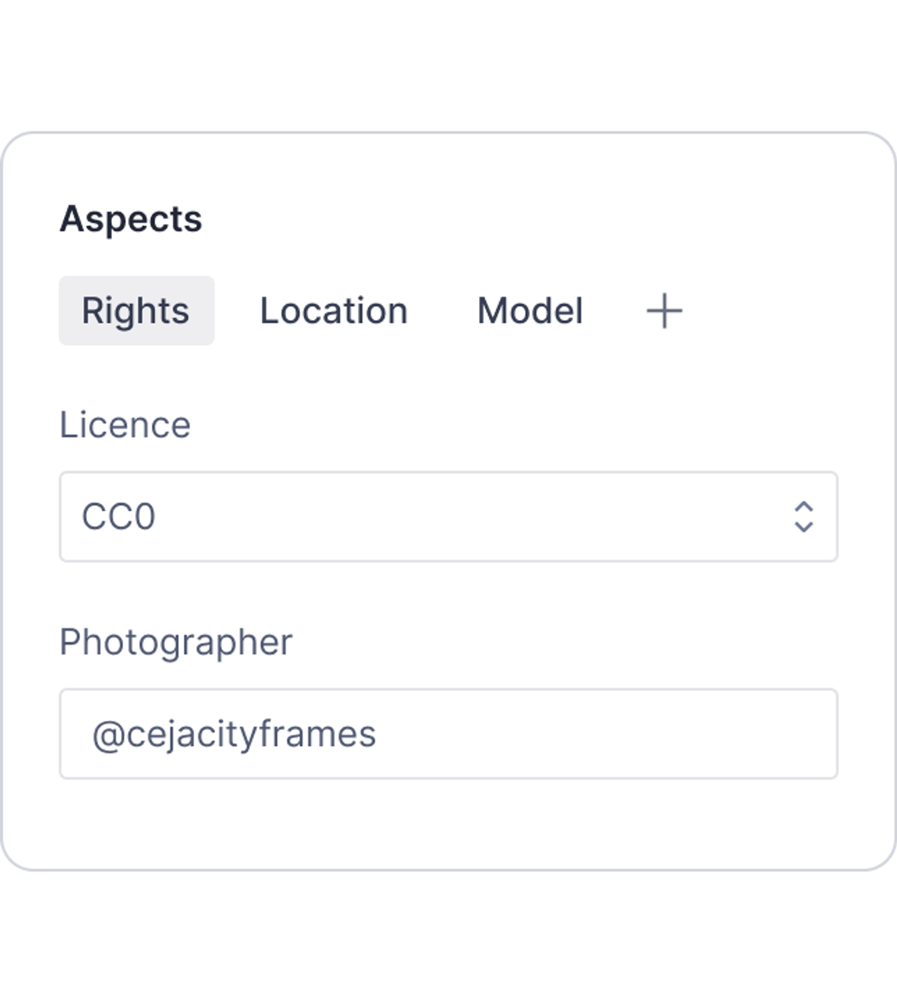 Aspects UI card with 'Rights' tab selected, showing 'Licence: CC0' and 'Photographer: @cejacityframes'.