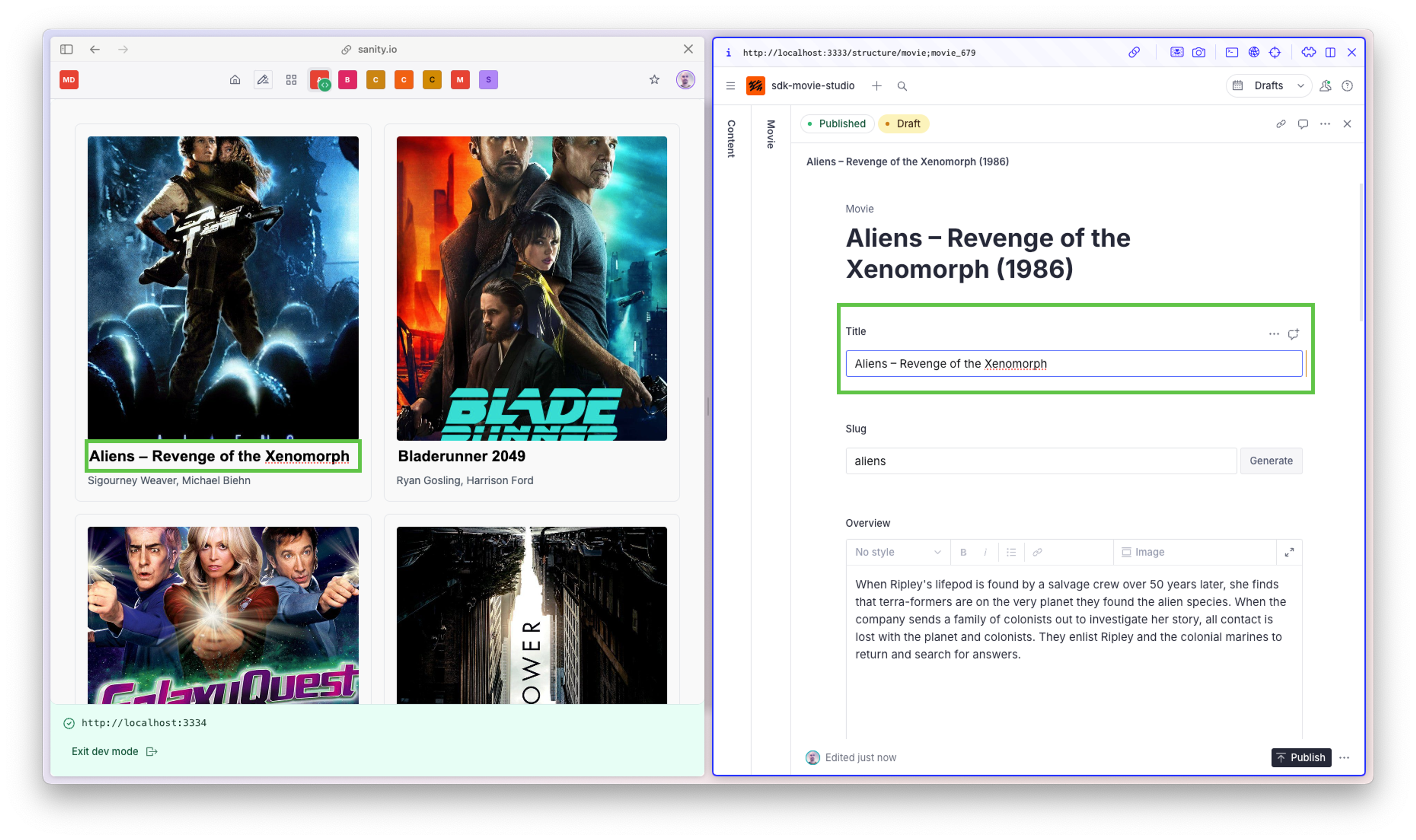 Shows our grid app side by side with Sanity Studio