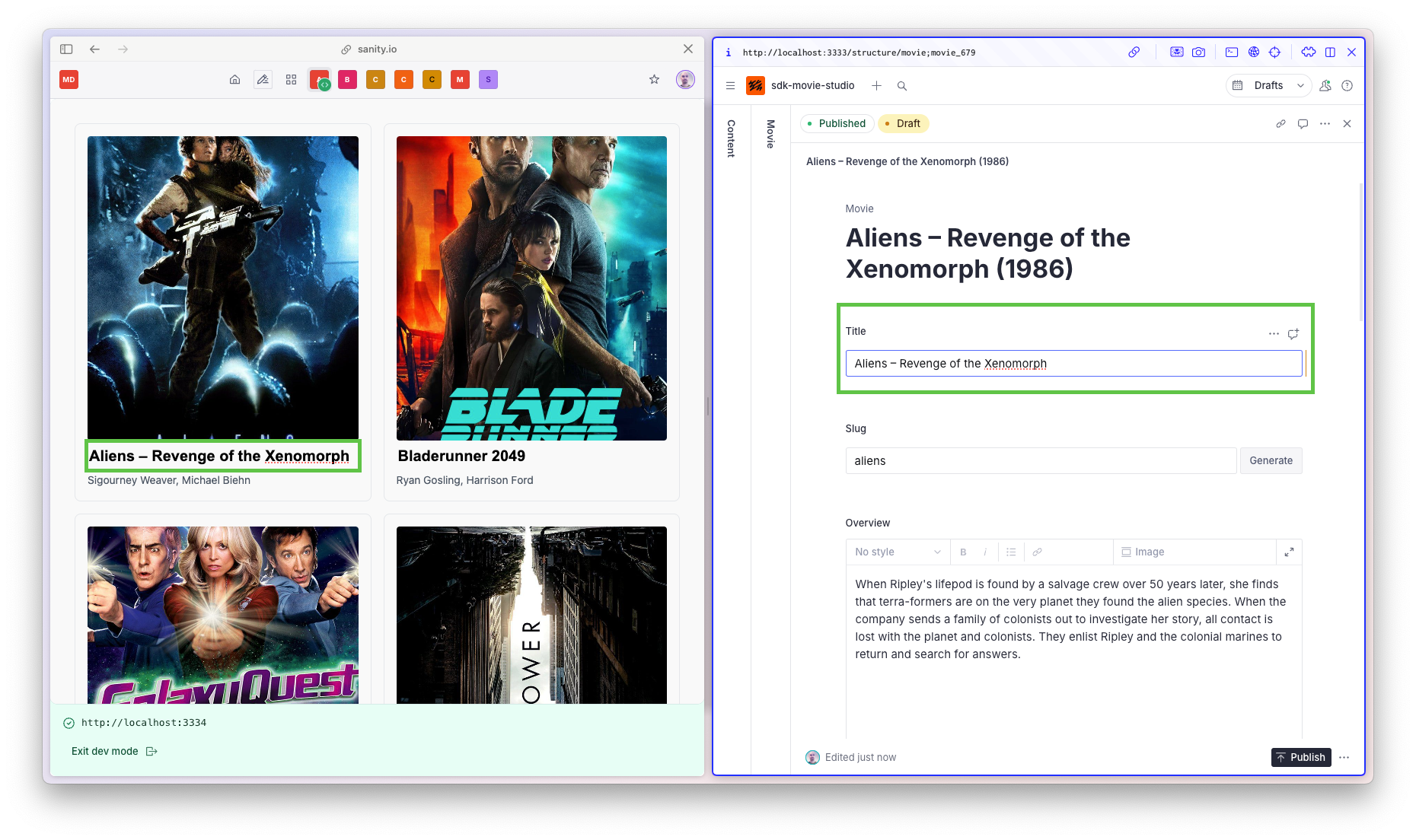 Shows our grid app side by side with Sanity Studio