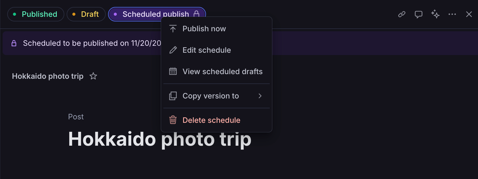 The schedule publish drop down menu