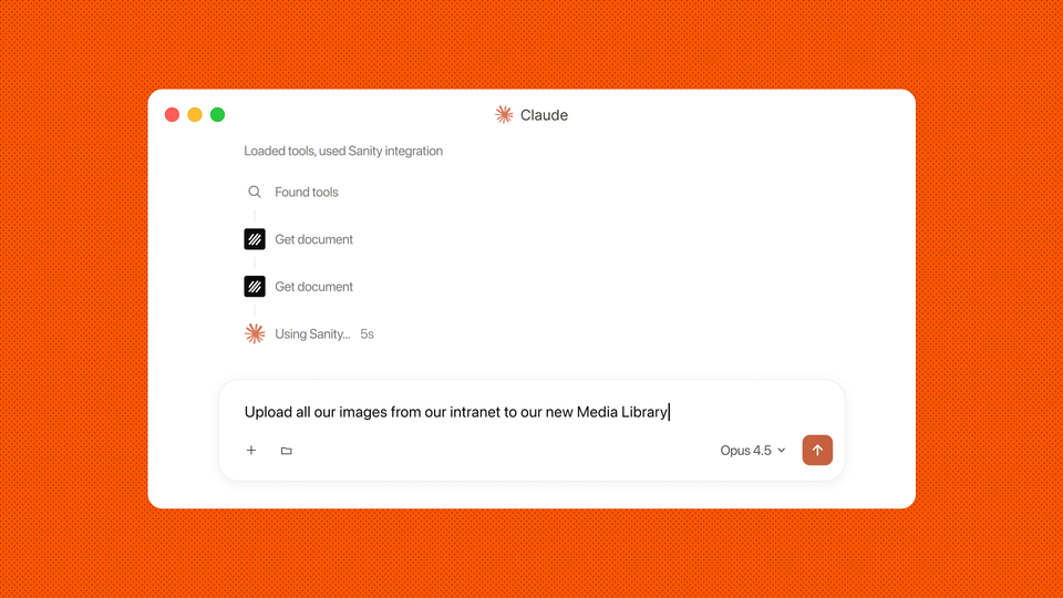 Claude AI interface using Sanity integration to "Upload all our images from our intranet to our new Media Library".