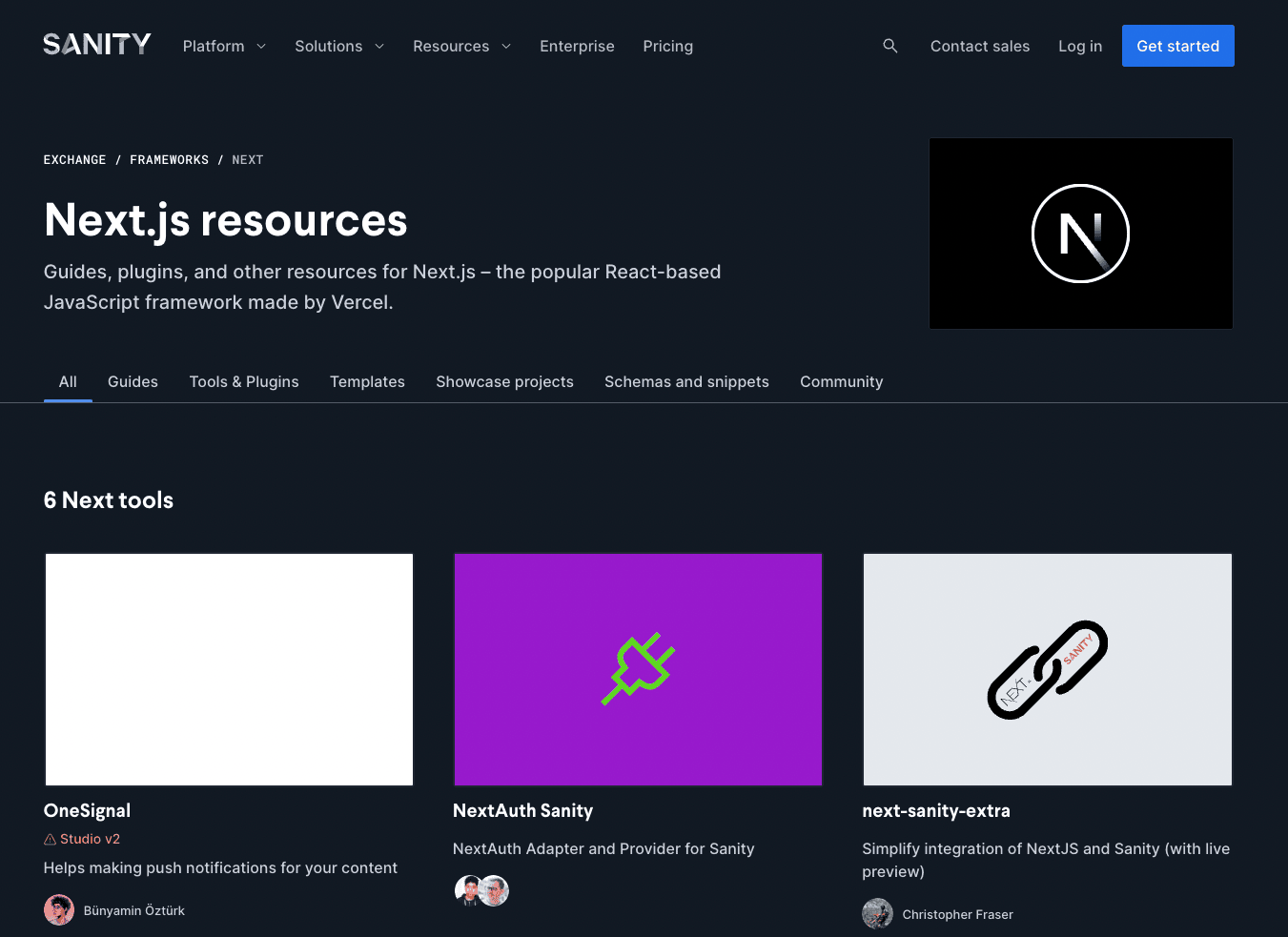 A screenshot of Sanity's Next.js resources page
