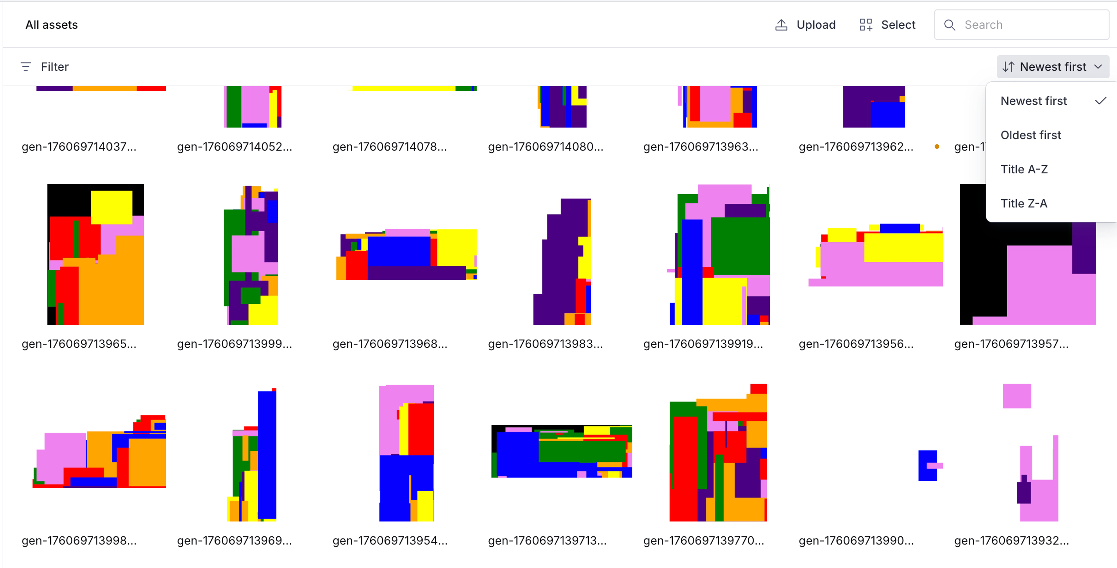 A gallery view displaying a grid of abstract, colorful rectangular images, with a "Newest first" sorting dropdown menu open.