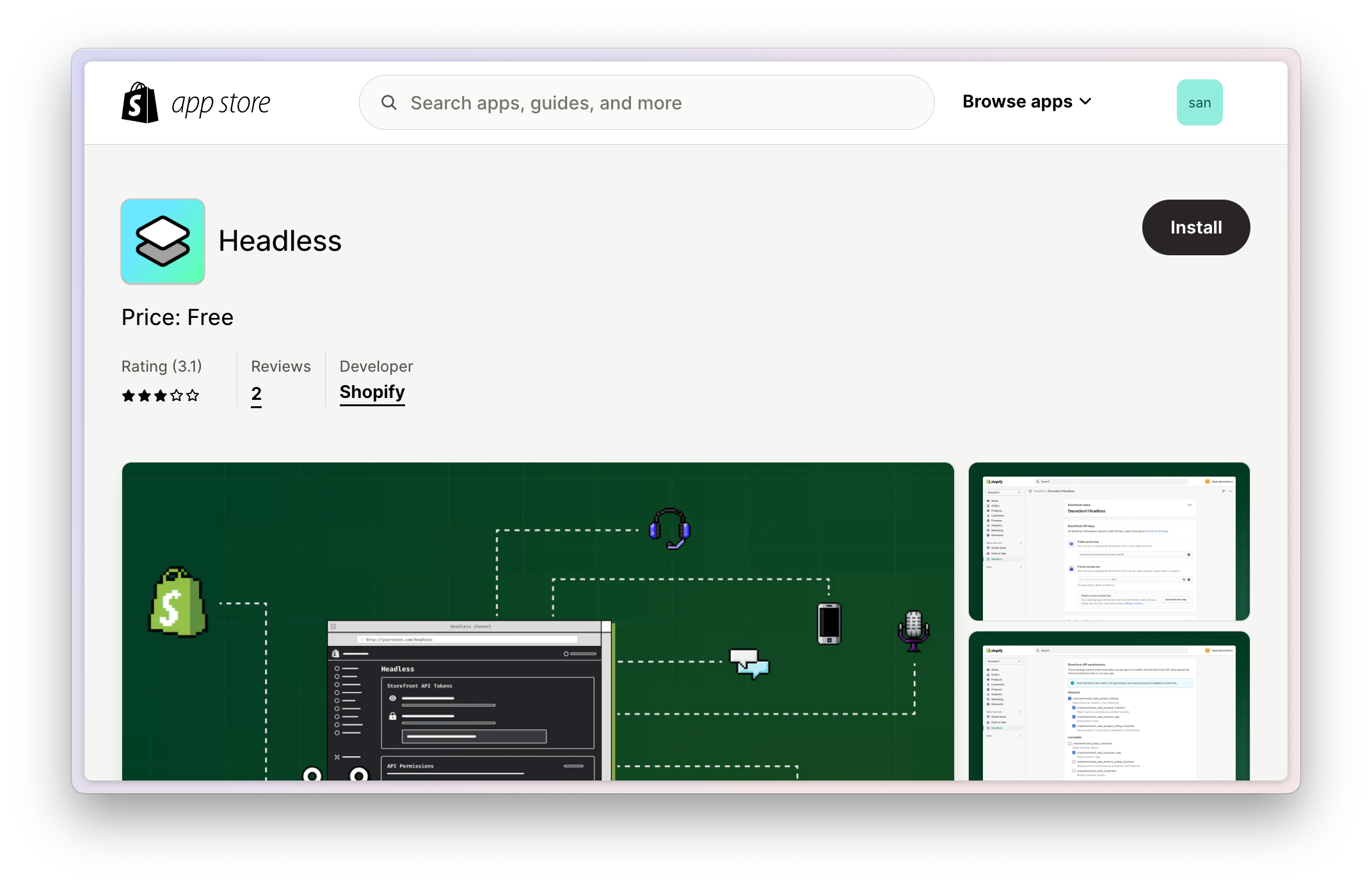 Shopify "headless" app install page