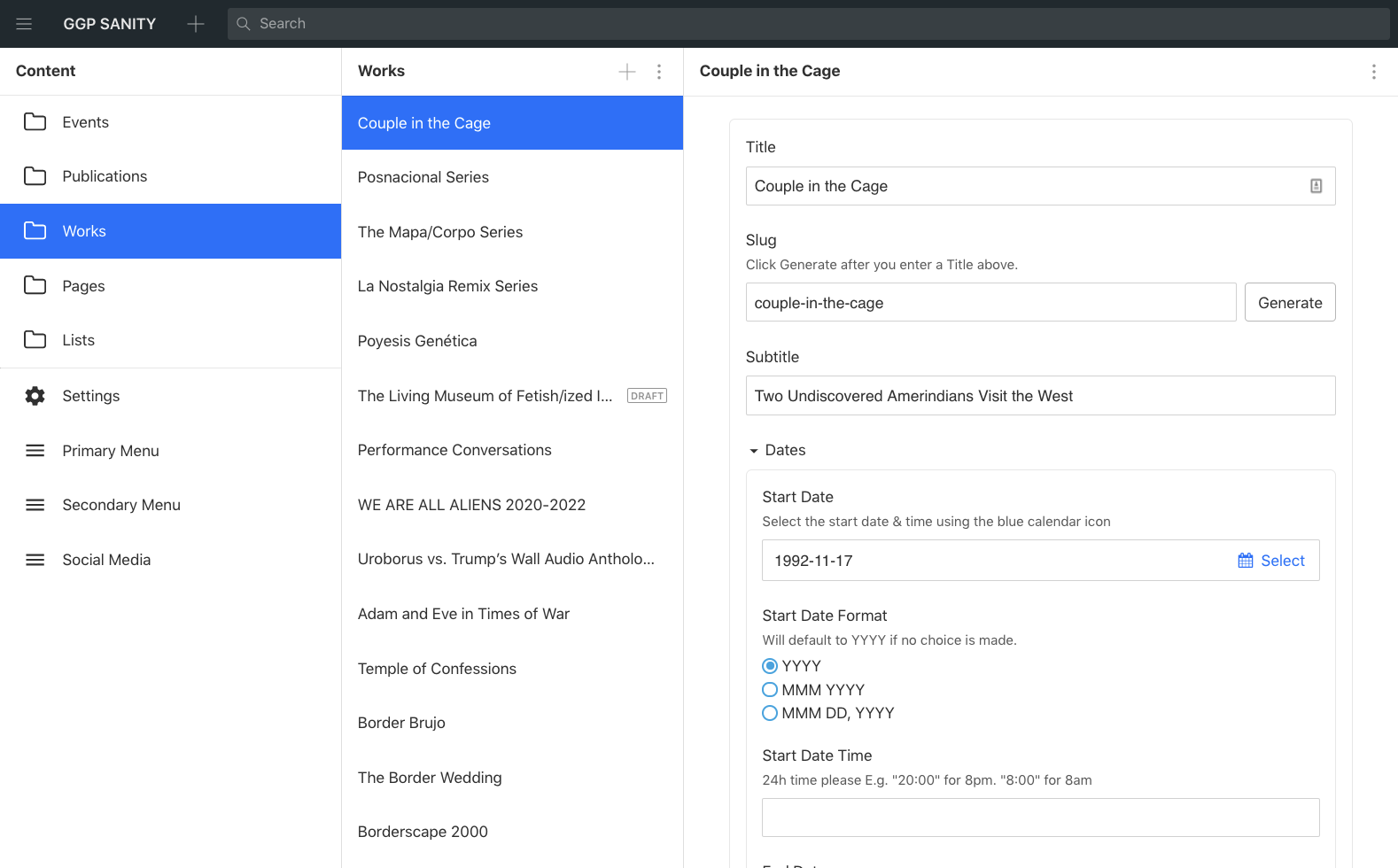 Sanity Studio with content types, a list of works and an editor