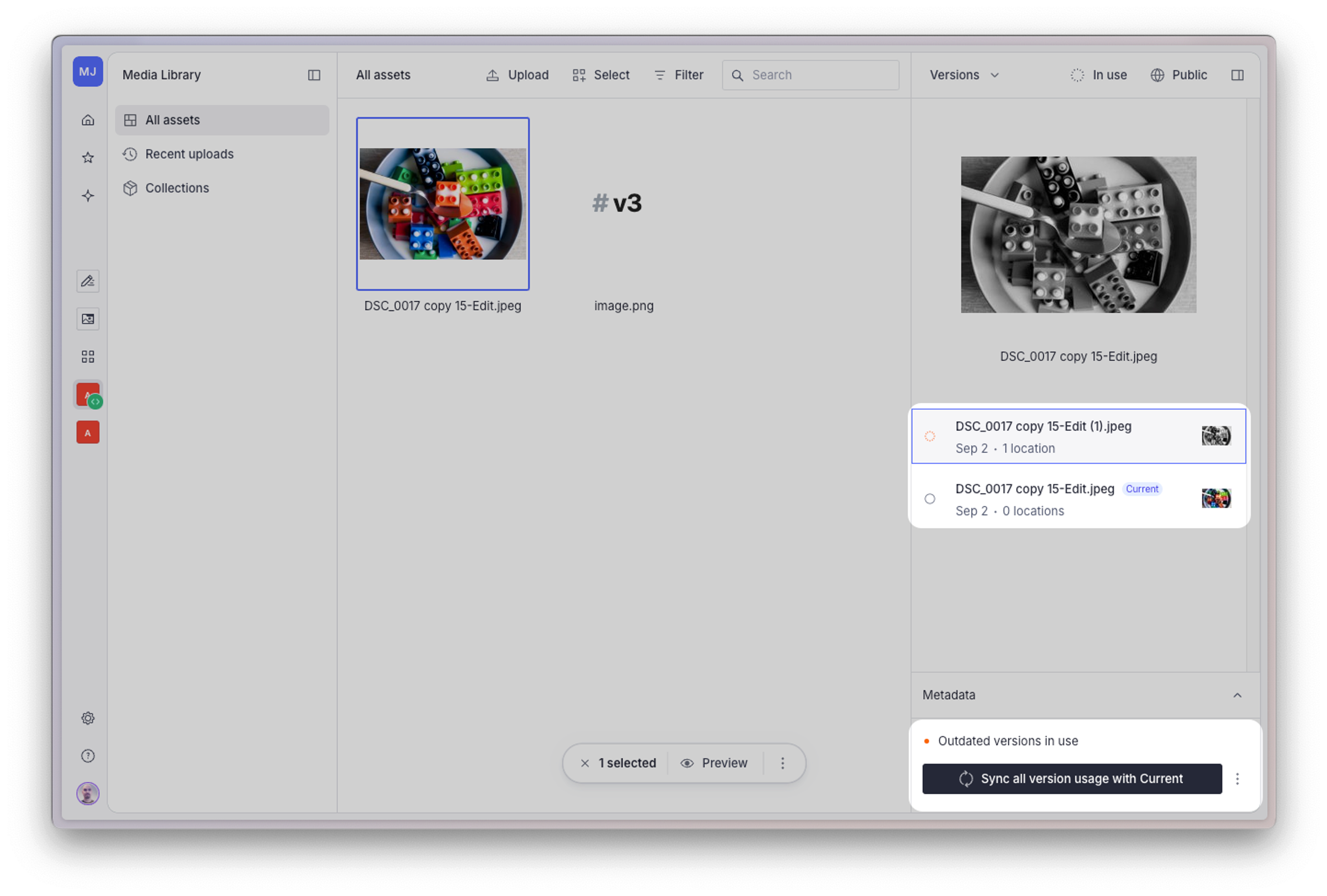 Shows Sanity Media Library with the versions inspector open, and options for selective sync highlighted